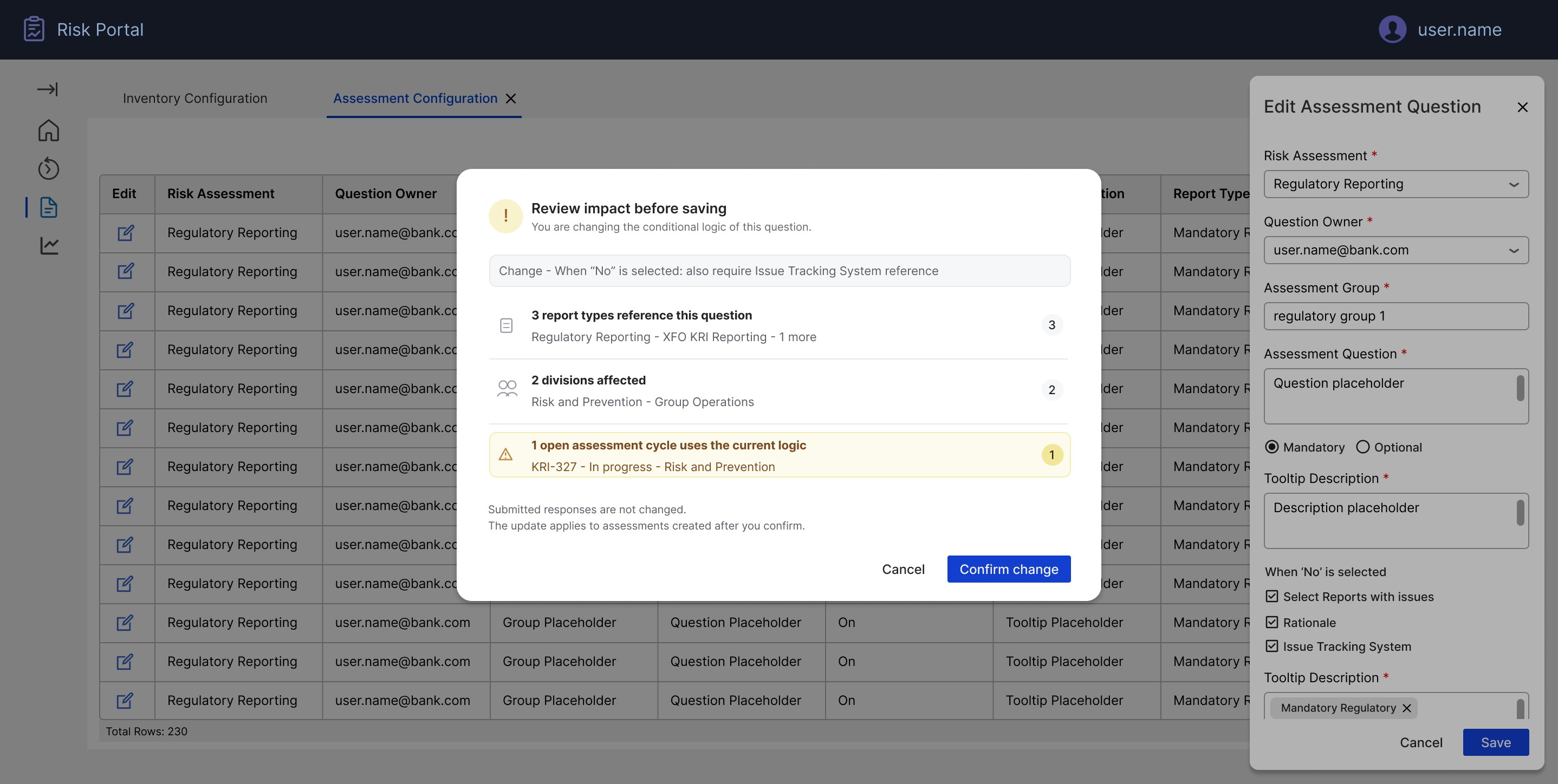 Anonymised impact-preview dialog shown before committing a change to an assessment question